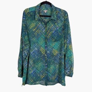 J. Jill Sheer Button Front Blouse XL Green Blue Abstract Lightweight Top